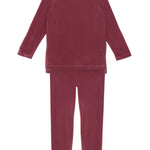 The Sugar Plum Velour Two Piece Set from Mabel + Honey features a cozy long-sleeve top and leggings in soft burgundy fabric, displayed flat on a white background—perfect for girls who love both comfort and style.