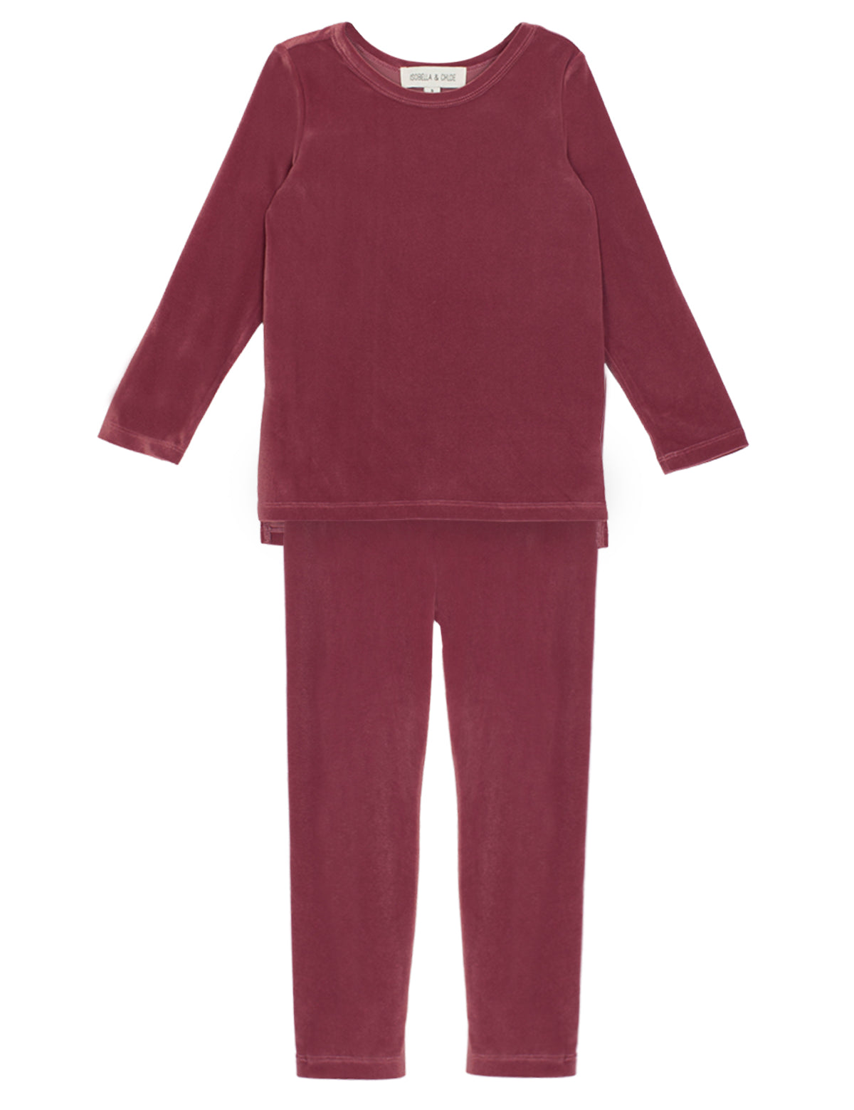 The Sugar Plum Velour Two Piece Set from Mabel + Honey features a cozy long-sleeve top and leggings in soft burgundy fabric, displayed flat on a white background—perfect for girls who love both comfort and style.