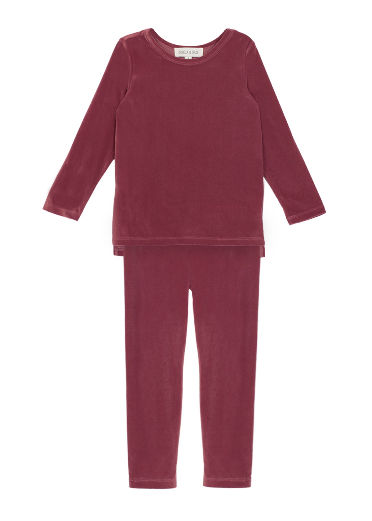 The Sugar Plum Velour Two Piece Set from Mabel + Honey features a cozy long-sleeve top and leggings in soft burgundy fabric, displayed flat on a white background—perfect for girls who love both comfort and style.