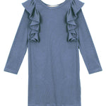 The Mabel and Honey Candy Land Knit Dress is a blue, long-sleeve ribbed dress for children, featuring a delightful double ruffle trim across the shoulders and chest.