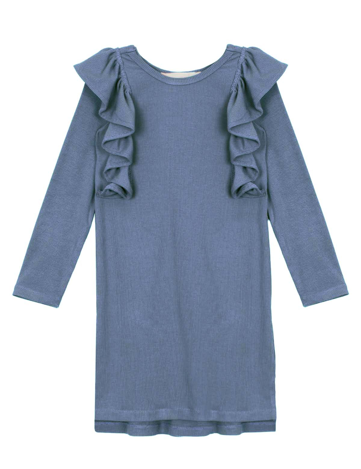 The Candy Land Knit Dress Long Sleeve Ribbed Ruffle Chest Dress in Blue by Mabel + Honey is a stylish girls' dress featuring charming ruffle details along the shoulders and front, crafted in a beautiful dusty blue ribbed knit—perfect for children who love both comfort and style.