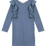 The Candy Land Knit Dress Long Sleeve Ribbed Ruffle Chest Dress in Blue by Mabel + Honey is a stylish girls' dress featuring charming ruffle details along the shoulders and front, crafted in a beautiful dusty blue ribbed knit—perfect for children who love both comfort and style.