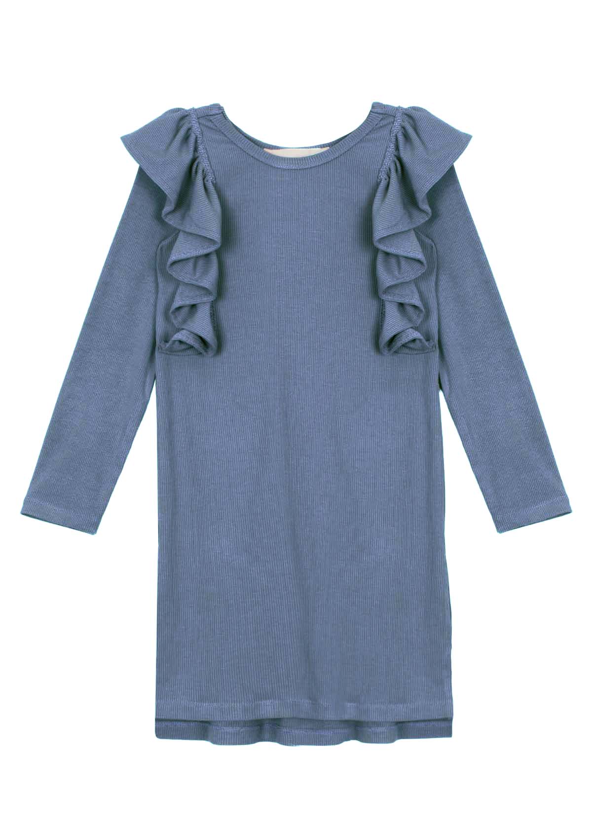 The Candy Land Knit Dress Long Sleeve Ribbed Ruffle Chest Dress in Blue by Mabel + Honey is a stylish girls' dress featuring charming ruffle details along the shoulders and front, crafted in a beautiful dusty blue ribbed knit—perfect for children who love both comfort and style.