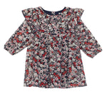 The Mabel and Honey Flora Chiffon Dress is a child's long-sleeved, knee-length dress featuring a ruffle yoke collar and a dark blue background adorned with red, white, and pink floral patterns.
