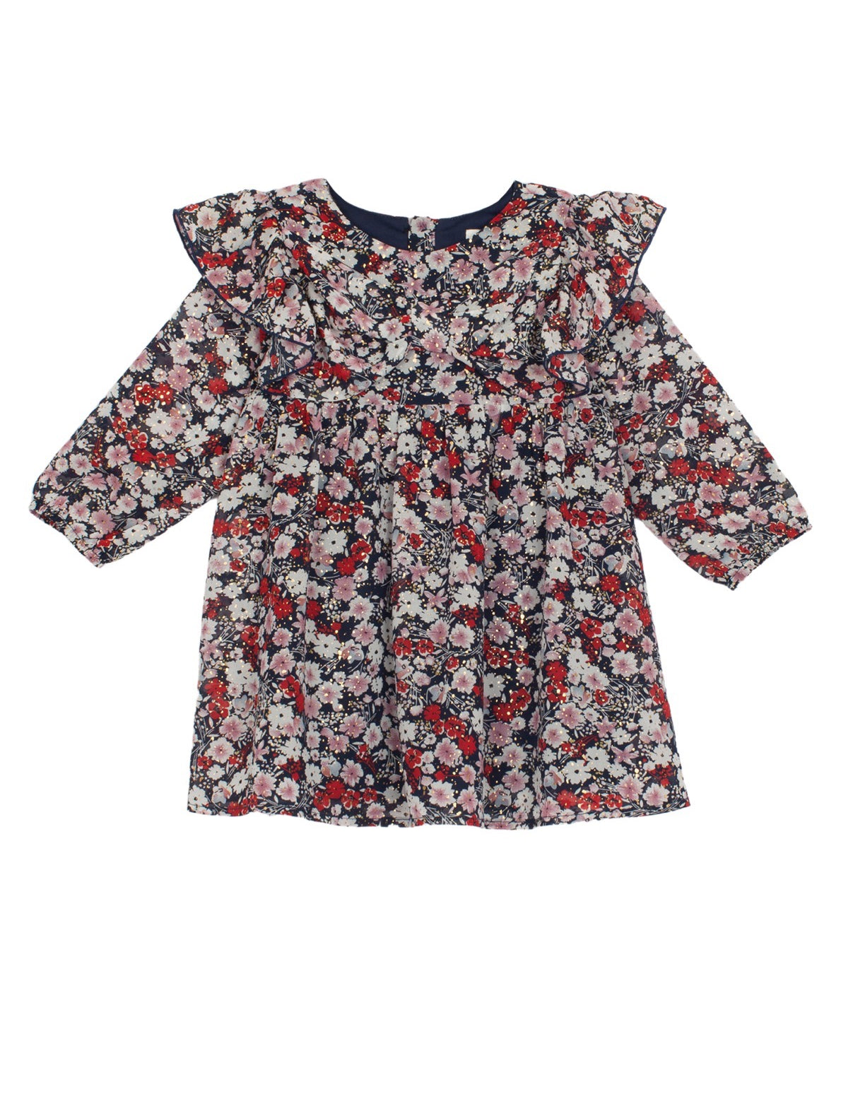 The Mabel + Honey Flora Chiffon Dress is a long-sleeve, knee-length A-line dress for children, featuring a ruffle yoke and a multicolored floral pattern in pink, red, and white on a dark background.