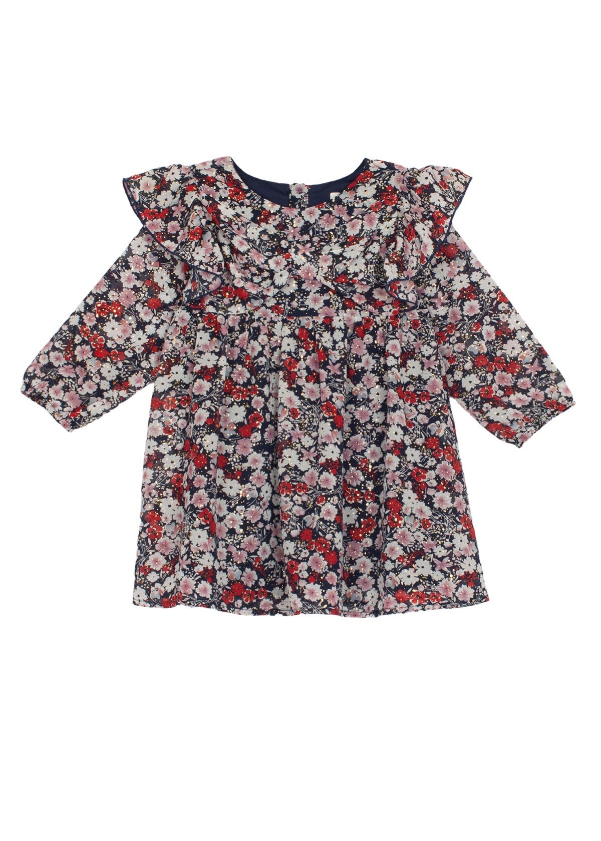 The Mabel + Honey Flora Chiffon Dress is a long-sleeve, knee-length A-line dress for children, featuring a ruffle yoke and a multicolored floral pattern in pink, red, and white on a dark background.