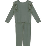 The Perennial Knit 2 PC Little Girl Set by Mabel + Honey is displayed flat on a white background. This sage green two-piece set includes a knit top with long sleeves and ruffle accents at the shoulders, paired with matching pants featuring a comfortable drawstring waist.