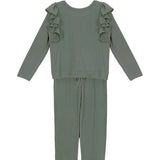 The Perennial Knit 2 PC Little Girl Set by Mabel + Honey is displayed flat on a white background. This sage green two-piece set includes a knit top with long sleeves and ruffle accents at the shoulders, paired with matching pants featuring a comfortable drawstring waist.