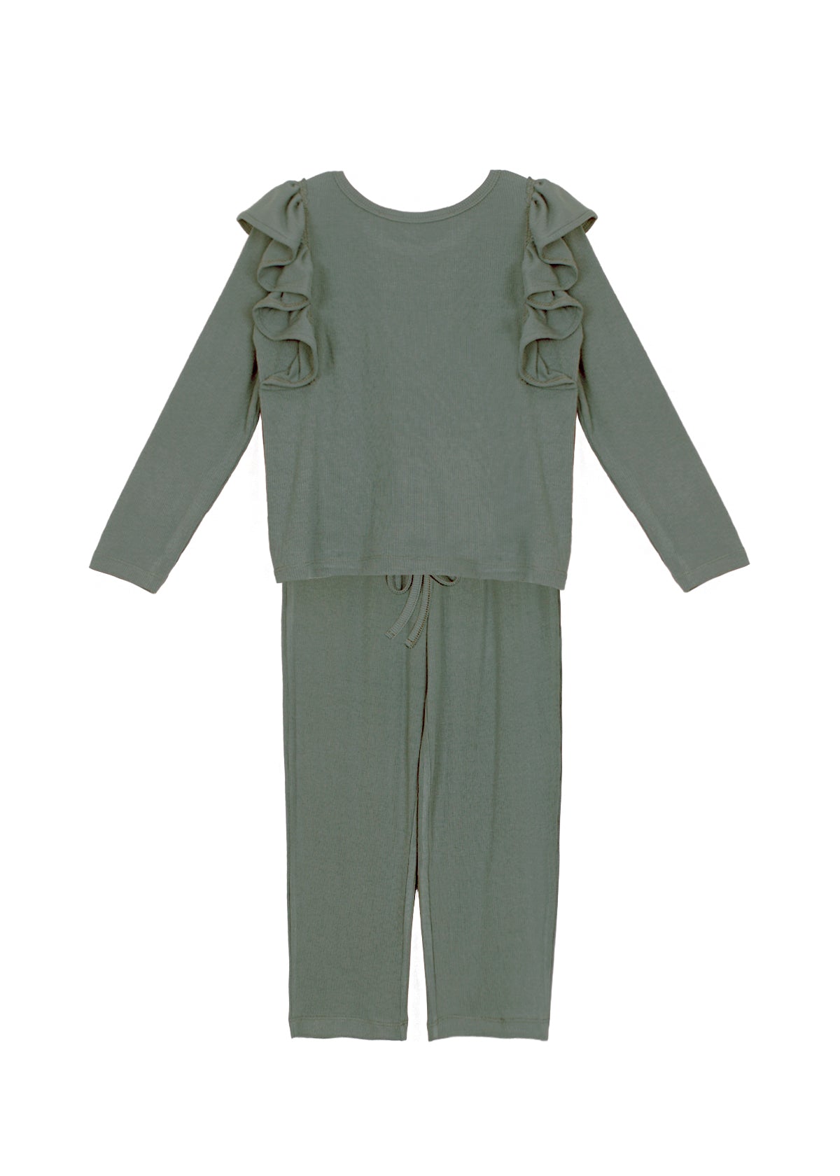 The Perennial Knit 2 PC Little Girl Set by Mabel + Honey is displayed flat on a white background. This sage green two-piece set includes a knit top with long sleeves and ruffle accents at the shoulders, paired with matching pants featuring a comfortable drawstring waist.