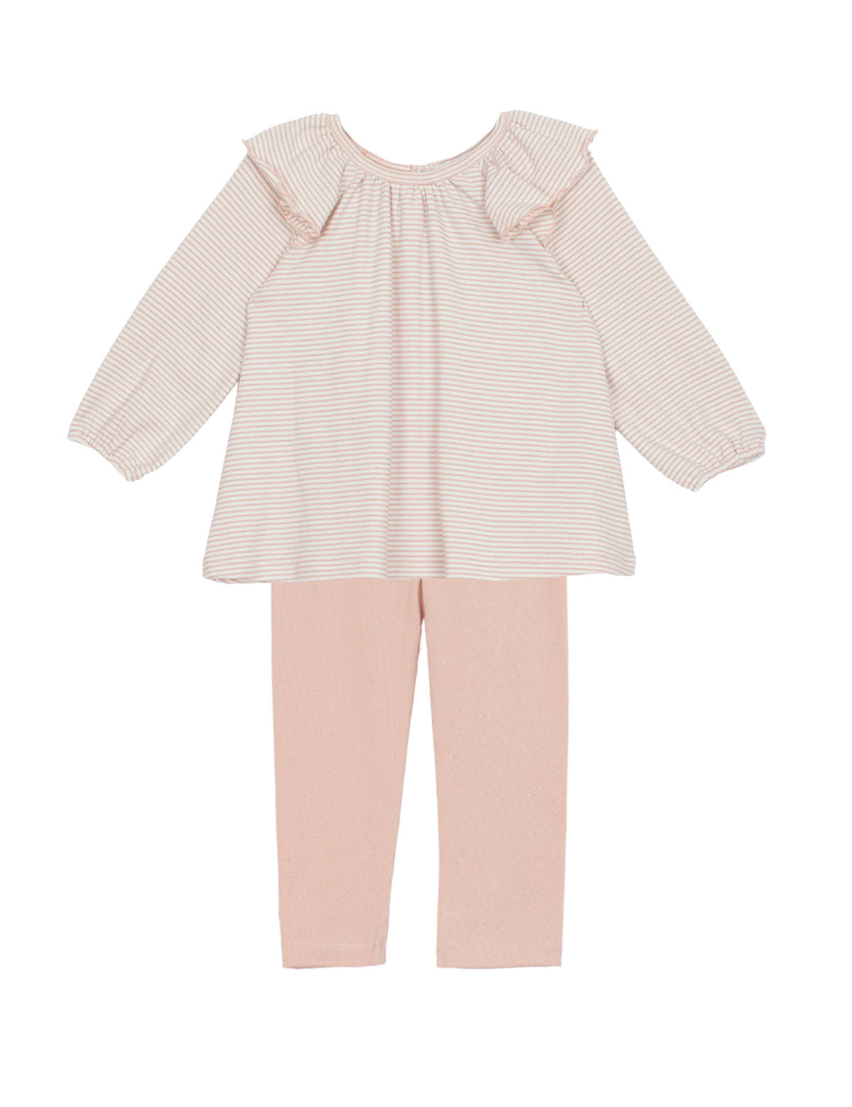 The Mabel + Honey Sweet Magnolia Two Piece Set features a pink and white striped long-sleeve top with charming ruffled shoulders, paired with blush pink leggings. Displayed on a white background, this adorable set is perfect for adding a sweet touch to her everyday looks.