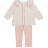 The Mabel + Honey Sweet Magnolia Two Piece Set features a pink and white striped long-sleeve top with charming ruffled shoulders, paired with blush pink leggings. Displayed on a white background, this adorable set is perfect for adding a sweet touch to her everyday looks.