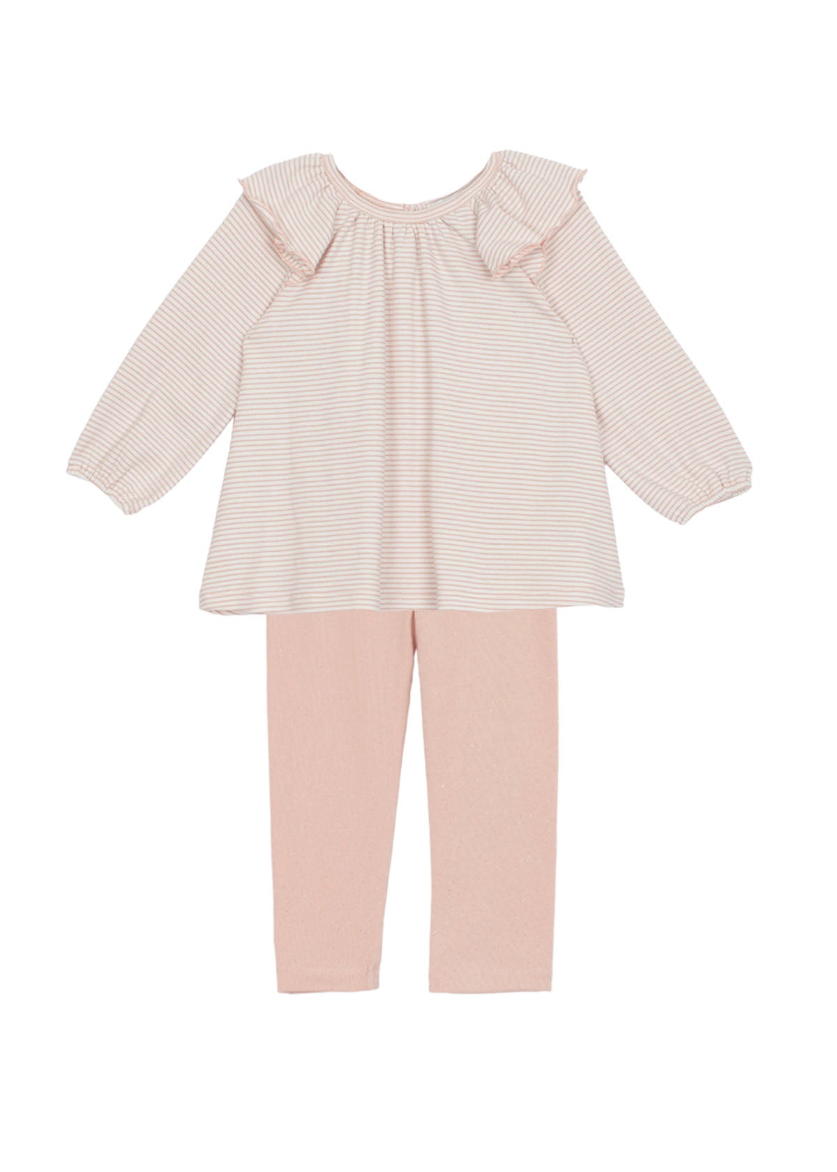 The Mabel + Honey Sweet Magnolia Two Piece Set features a pink and white striped long-sleeve top with charming ruffled shoulders, paired with blush pink leggings. Displayed on a white background, this adorable set is perfect for adding a sweet touch to her everyday looks.
