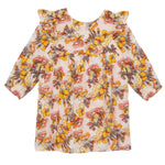 The Mabel + Honey Sugar and Spice Dress is a long-sleeve, woven autumn dress for toddlers, featuring a yellow, orange, and brown floral pattern with ruffle shoulder details and a gathered waist—perfect as a charming fall floral dress for your little one. Displayed on a white background.