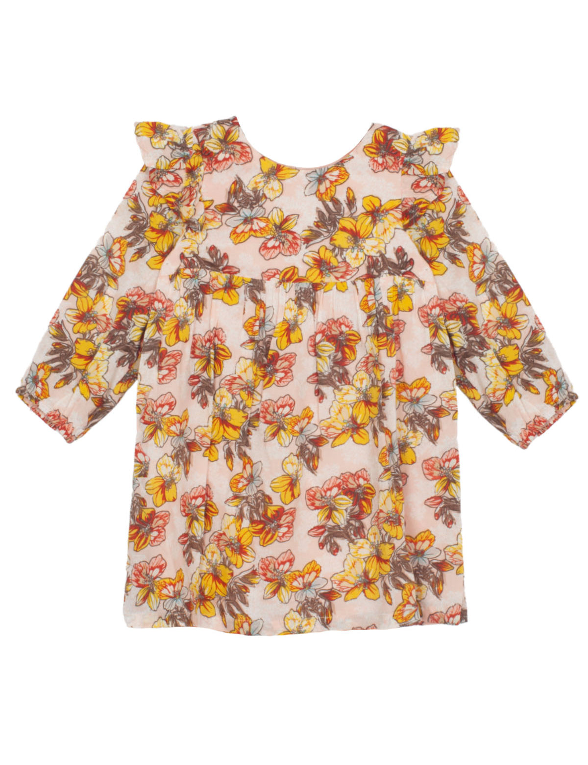 The Mabel + Honey Sugar and Spice Dress is a long-sleeve, woven autumn dress for toddlers, featuring a yellow, orange, and brown floral pattern with ruffle shoulder details and a gathered waist—perfect as a charming fall floral dress for your little one. Displayed on a white background.