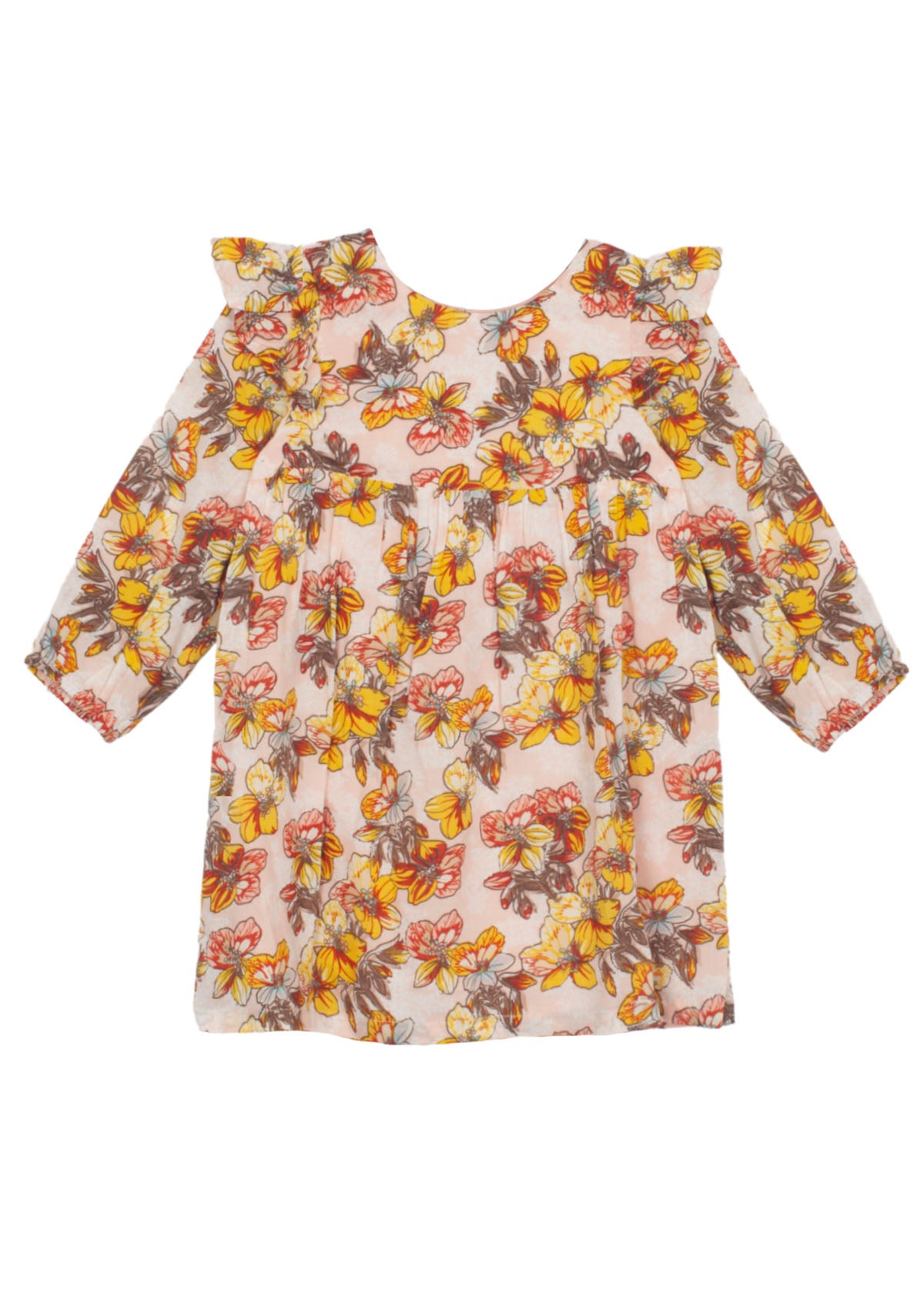 The Mabel + Honey Sugar and Spice Dress is a long-sleeve, woven autumn dress for toddlers, featuring a yellow, orange, and brown floral pattern with ruffle shoulder details and a gathered waist—perfect as a charming fall floral dress for your little one. Displayed on a white background.