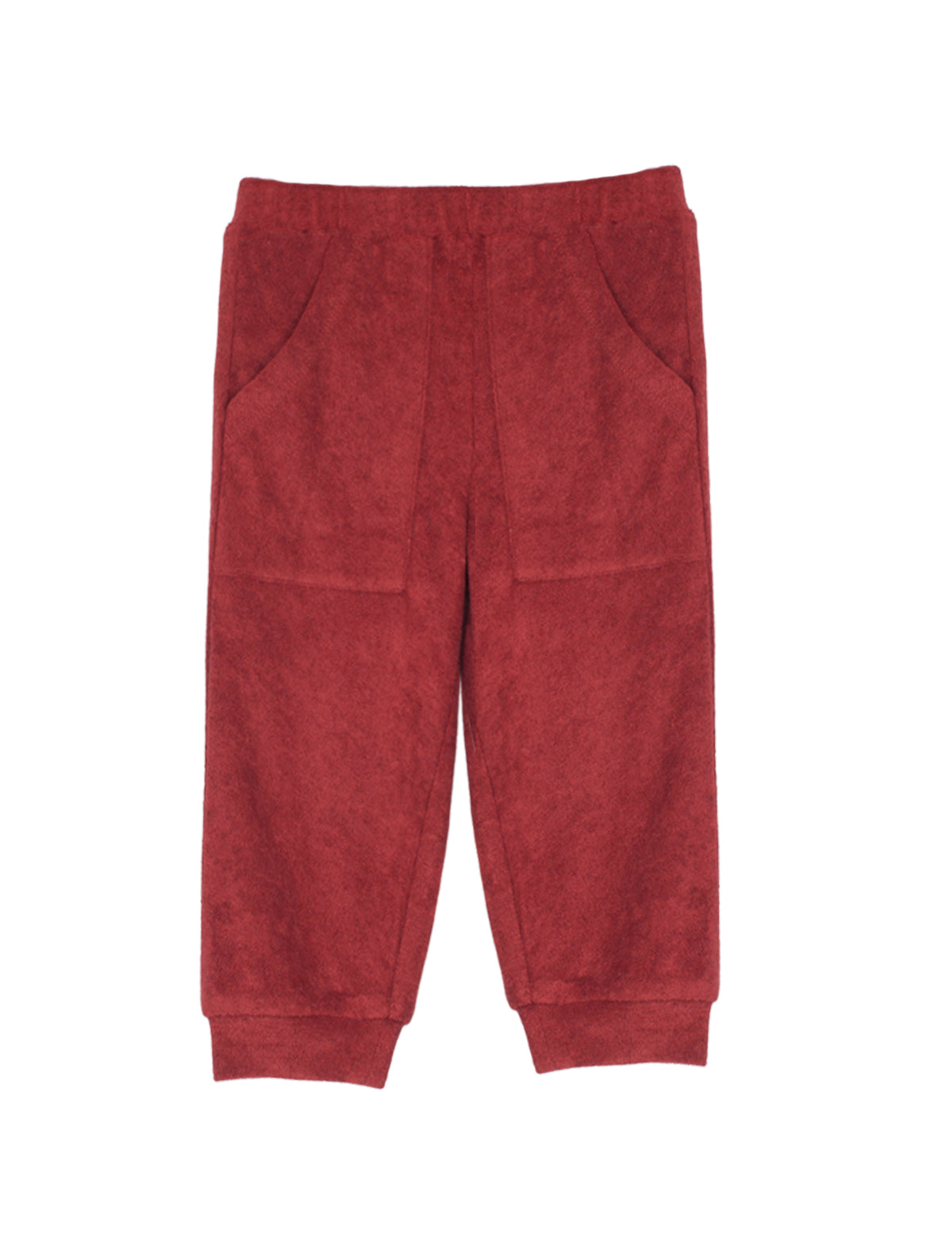 A pair of Clay Terry Cloth Bottom Relaxed Jogger Pants with pockets by Mabel + Honey, featuring a cozy red fleece material, elastic waistband, two front pockets, and cuffed ankle hems, showcased against a plain white background. These stylish girls' jogger pants provide comfort and versatility for everyday wear.