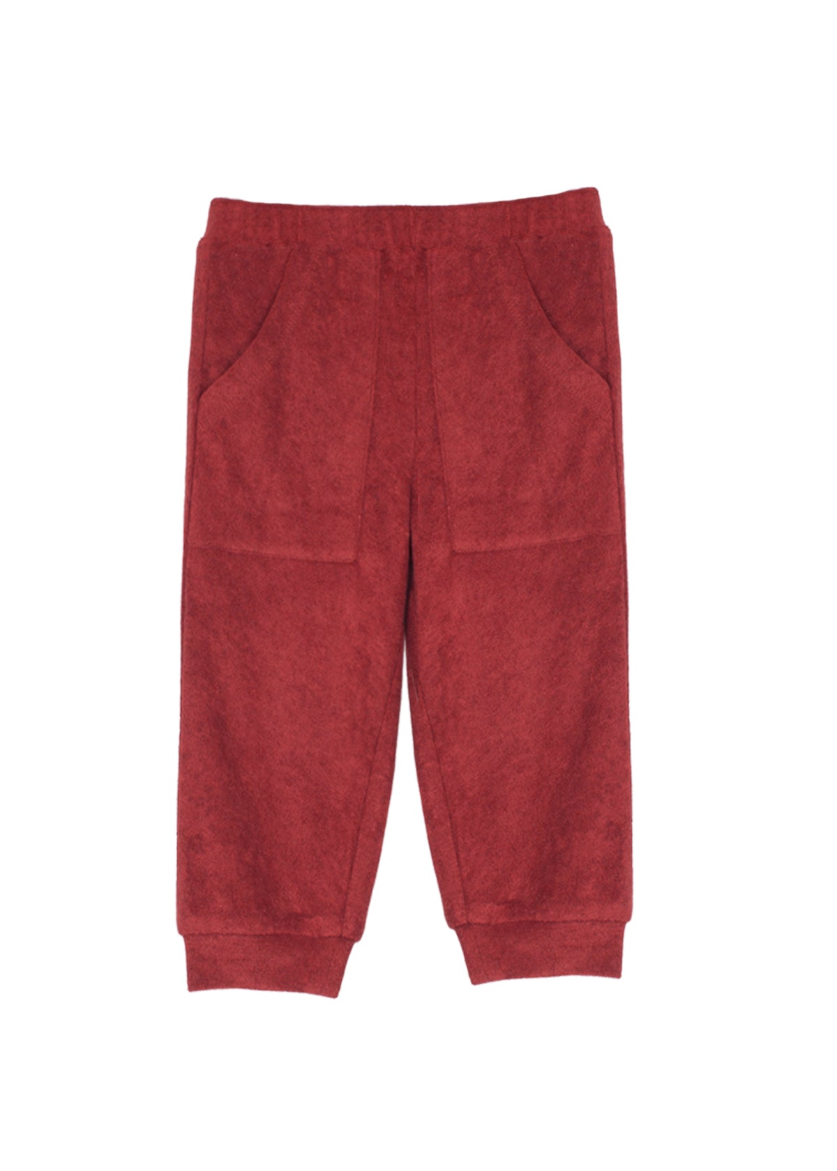 A pair of Clay Terry Cloth Bottom Relaxed Jogger Pants with pockets by Mabel + Honey, featuring a cozy red fleece material, elastic waistband, two front pockets, and cuffed ankle hems, showcased against a plain white background. These stylish girls' jogger pants provide comfort and versatility for everyday wear.