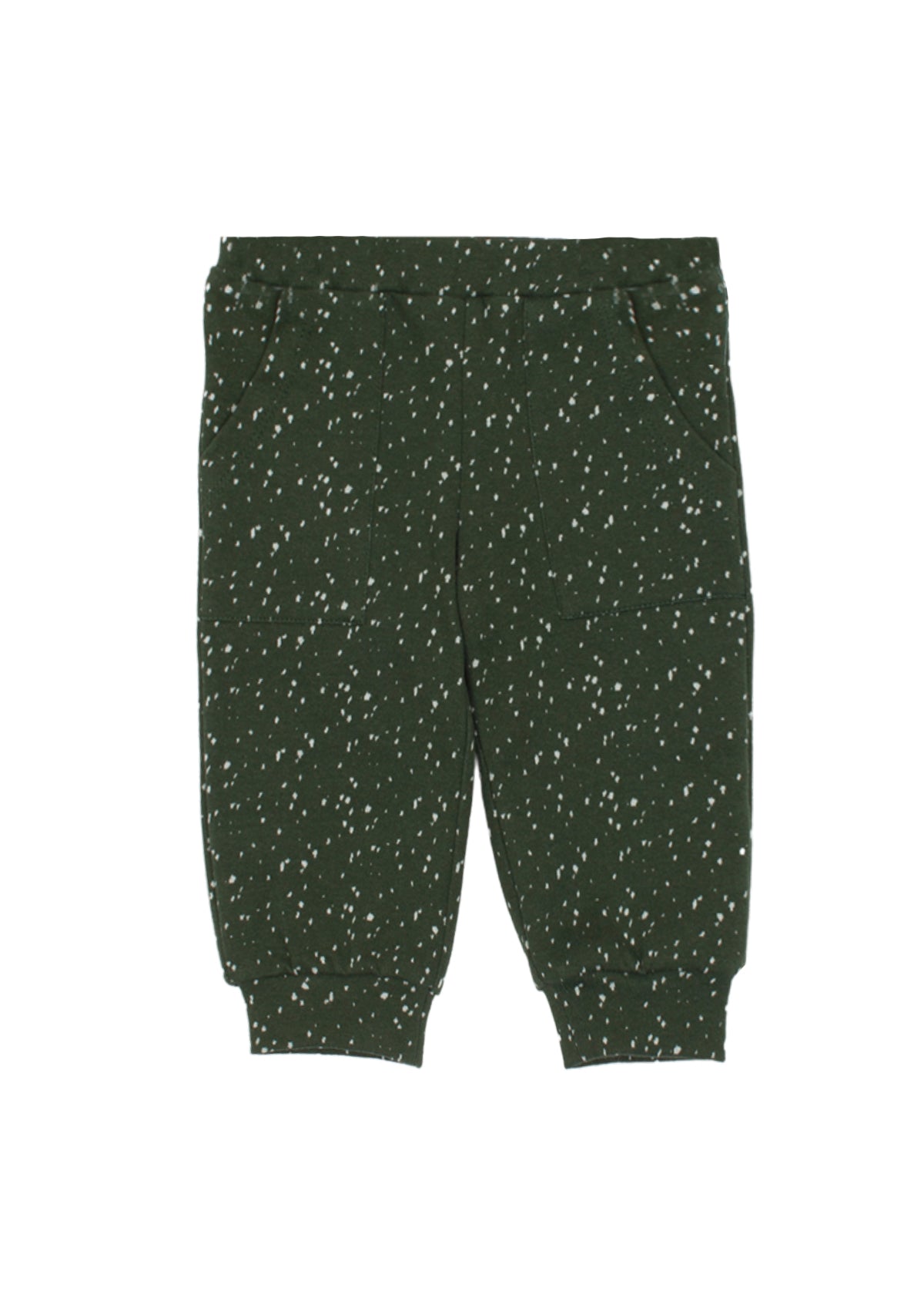 The Milo Knit Bottom Relaxed Jogger Pant in Forest Green Speckle Print by Mabel + Honey is shown laid flat on a white background. These girls’ joggers feature a dark forest green color with white speckles, an elastic waistband, side pockets, and cuffed ankles. Perfect for everyday wear, these relaxed knit jogger pants combine comfort and style.