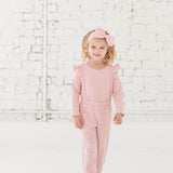 Jada Knit Romper Long Sleeve Ruffle Shoulder Striped Jumpsuit