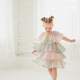 Blush Belle Woven and Knit Dress Cap Sleeve Tiered Shimmer Ruffle Dress