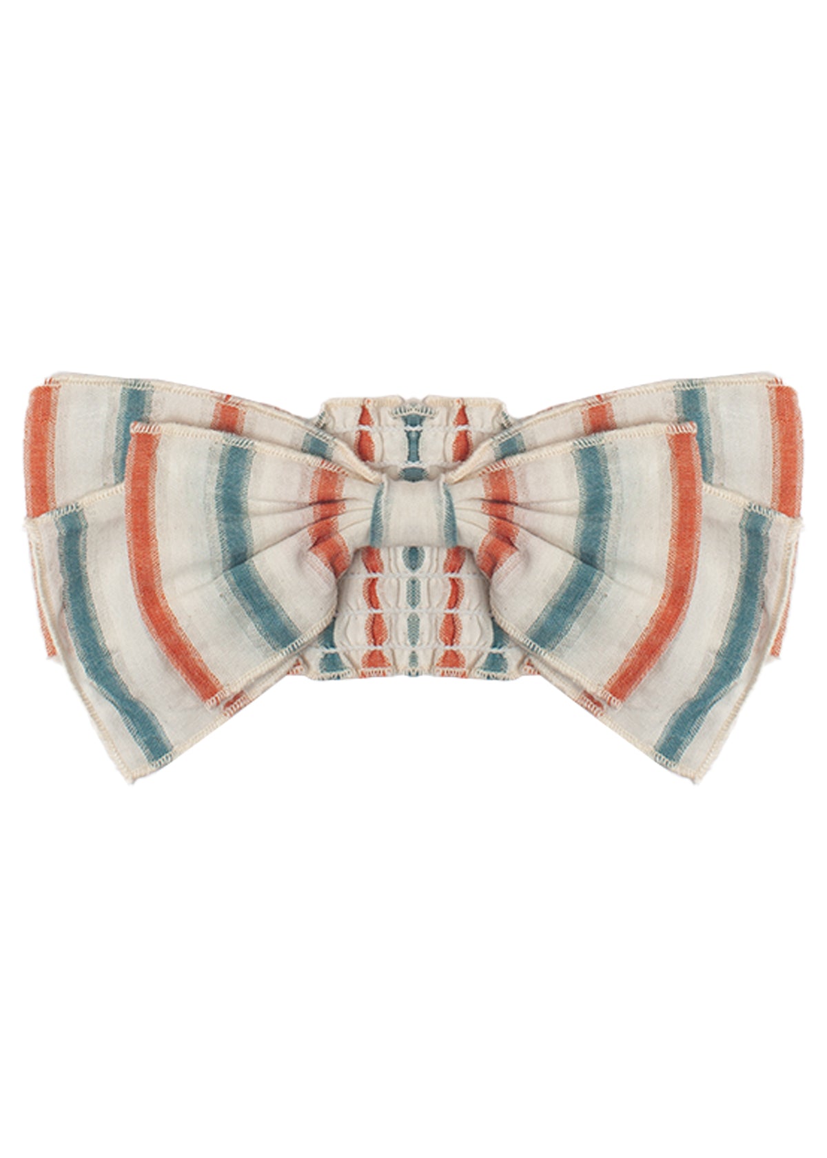 The Hermosa Headband by Mabel and Honey features orange, teal, and white stripes on textured cotton, tied in a neat bow—perfect as a charming hair accessory for your baby.