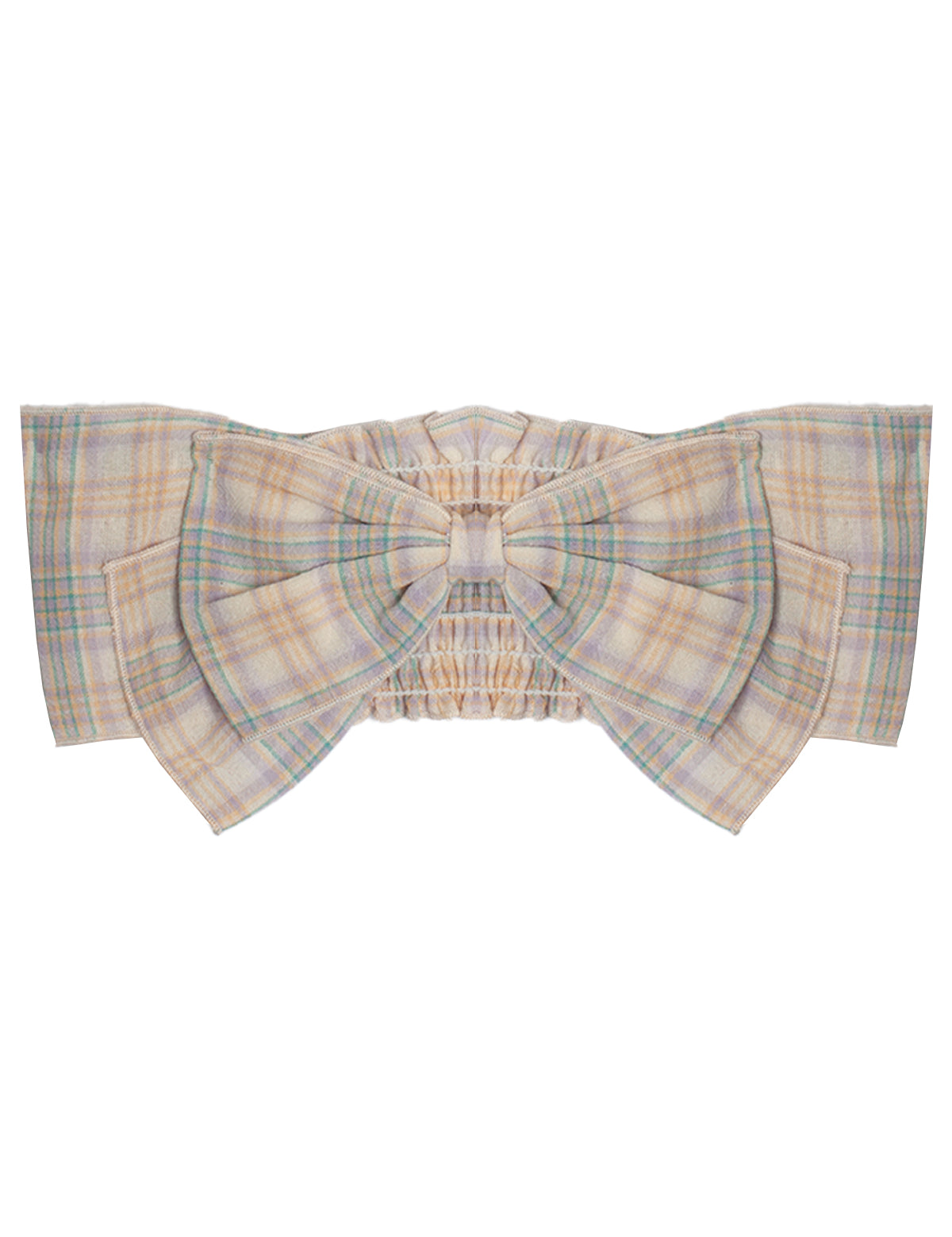 The Flower Farm Gingham Headband by Mabel and Honey features a pastel plaid design with a decorative bow, wide ruffled sides, and a stretchy, shirred back for comfort.