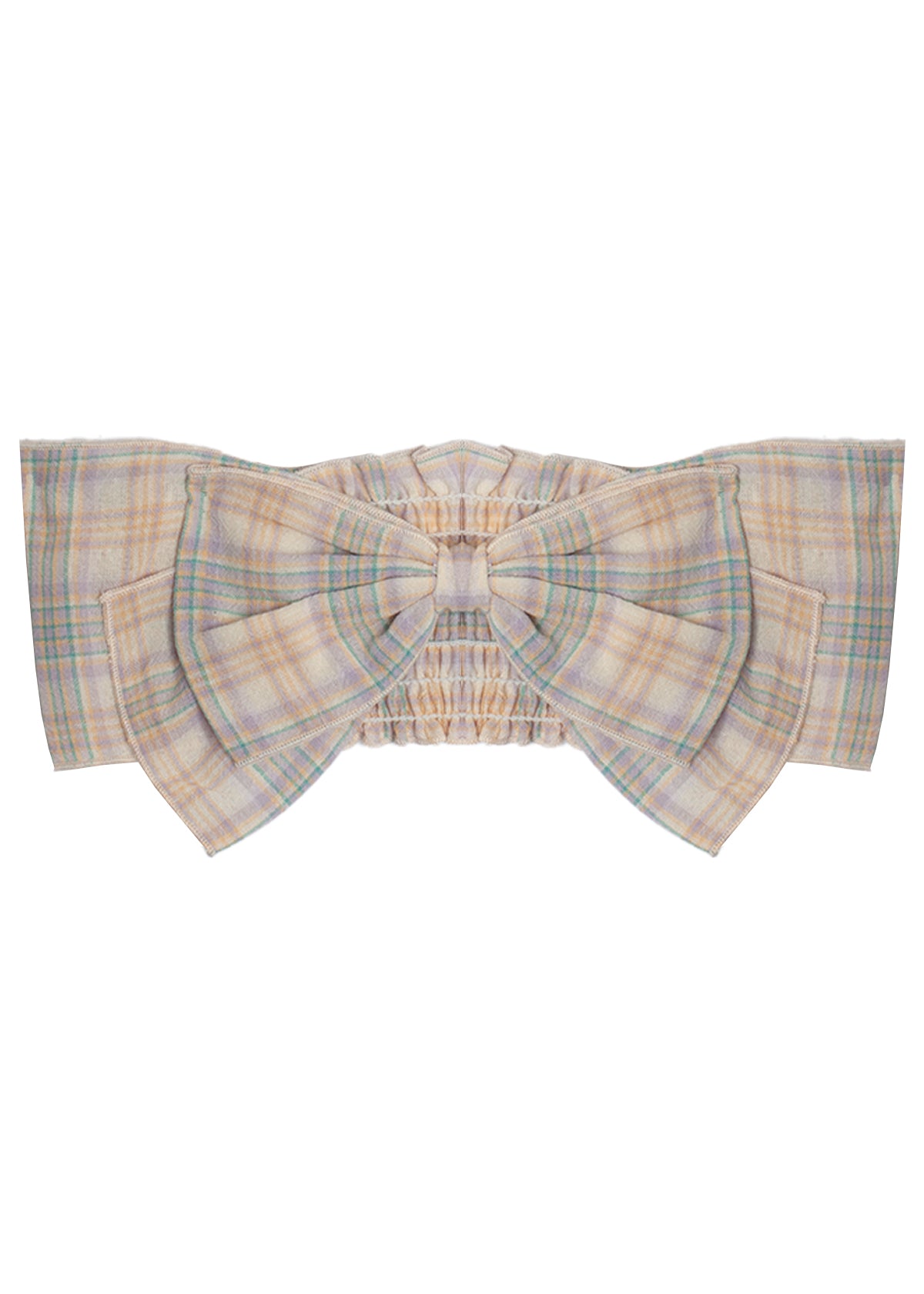 The Flower Farm Gingham Headband by Mabel and Honey features a pastel plaid design with a decorative bow, wide ruffled sides, and a stretchy, shirred back for comfort.