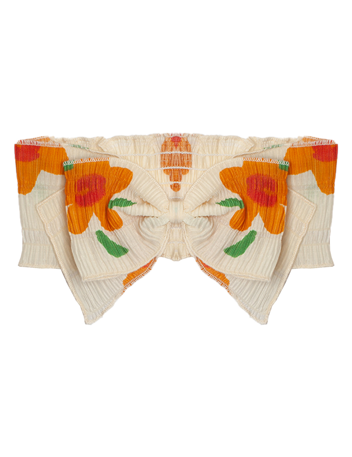 The Pleated Petals Headband by Mabel and Honey features cream-colored, pleated 100% cotton with vibrant orange and yellow floral prints, green leaves, and a bold front bow for a striking decorative look.