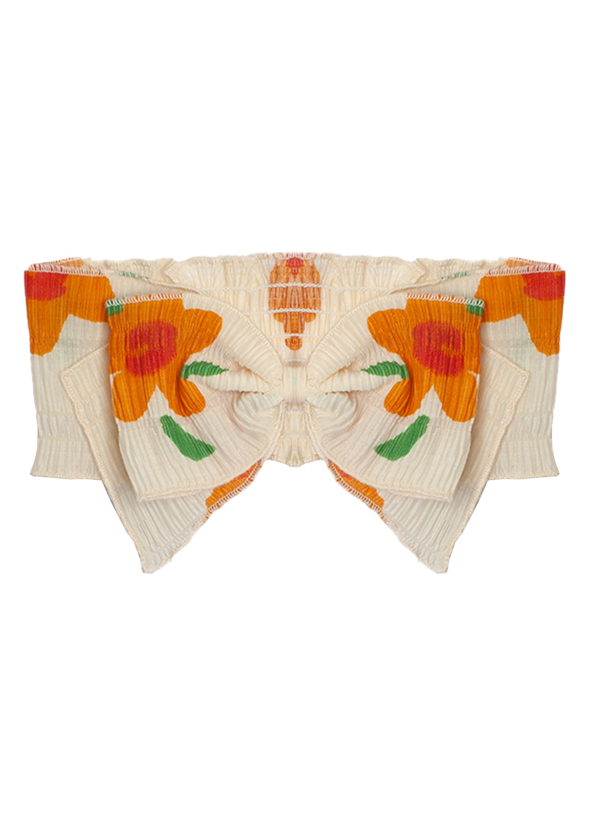 The Pleated Petals Headband by Mabel and Honey features cream-colored, pleated 100% cotton with vibrant orange and yellow floral prints, green leaves, and a bold front bow for a striking decorative look.