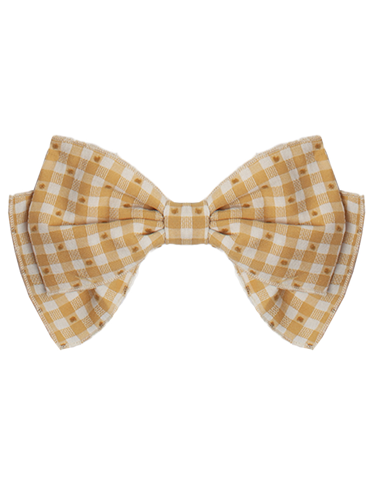 The Field of Flowers Headband by Mabel and Honey features a yellow and white checkered pattern with a layered double-bow design, made from 100% cotton and shown on a plain white background.