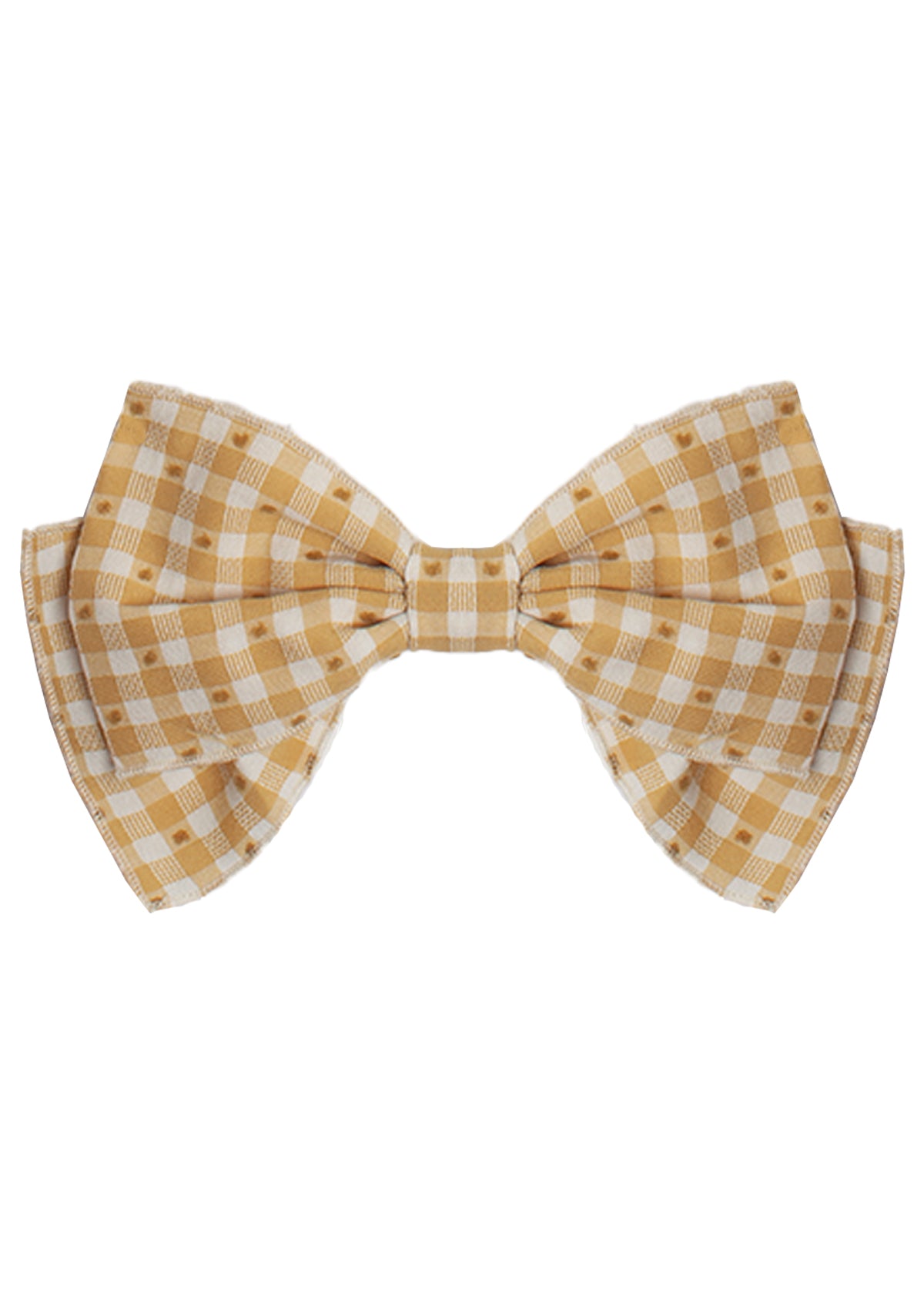 The Field of Flowers Headband by Mabel and Honey features a yellow and white checkered pattern with a layered double-bow design, made from 100% cotton and shown on a plain white background.
