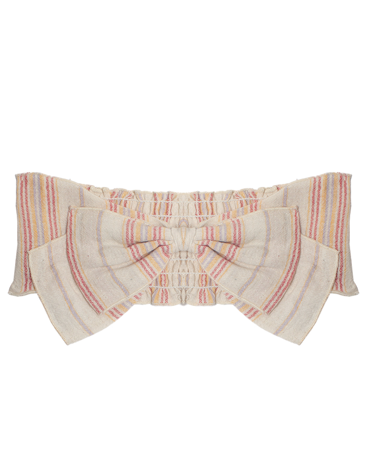 The Merry-Go-Round Headband by Mabel and Honey is a 100% cotton cream accessory with pastel pink, yellow, and lilac stripes plus a large decorative bow—an adorable hairpiece for babies.