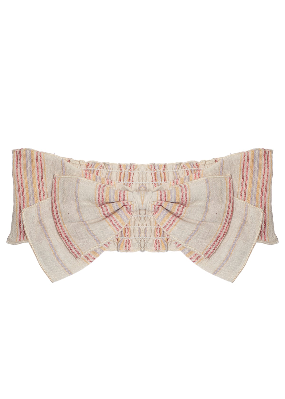 The Merry-Go-Round Headband by Mabel and Honey is a 100% cotton cream accessory with pastel pink, yellow, and lilac stripes plus a large decorative bow—an adorable hairpiece for babies.