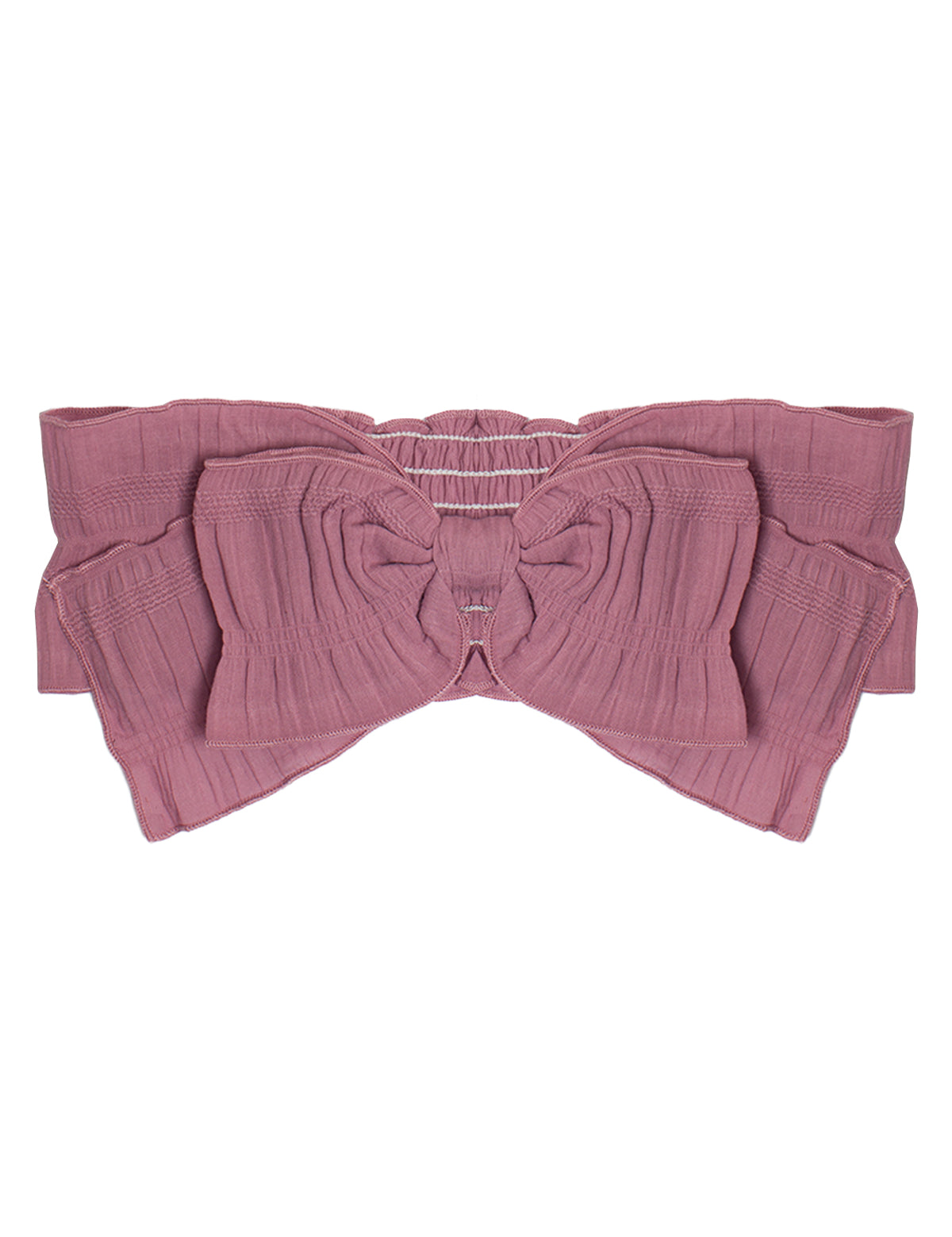 Pair the Mabel and Honey Berry Beautiful Headband with a mauve ribbed cotton bandeau top featuring a central bow and elastic ruching at the back for a coordinated look.