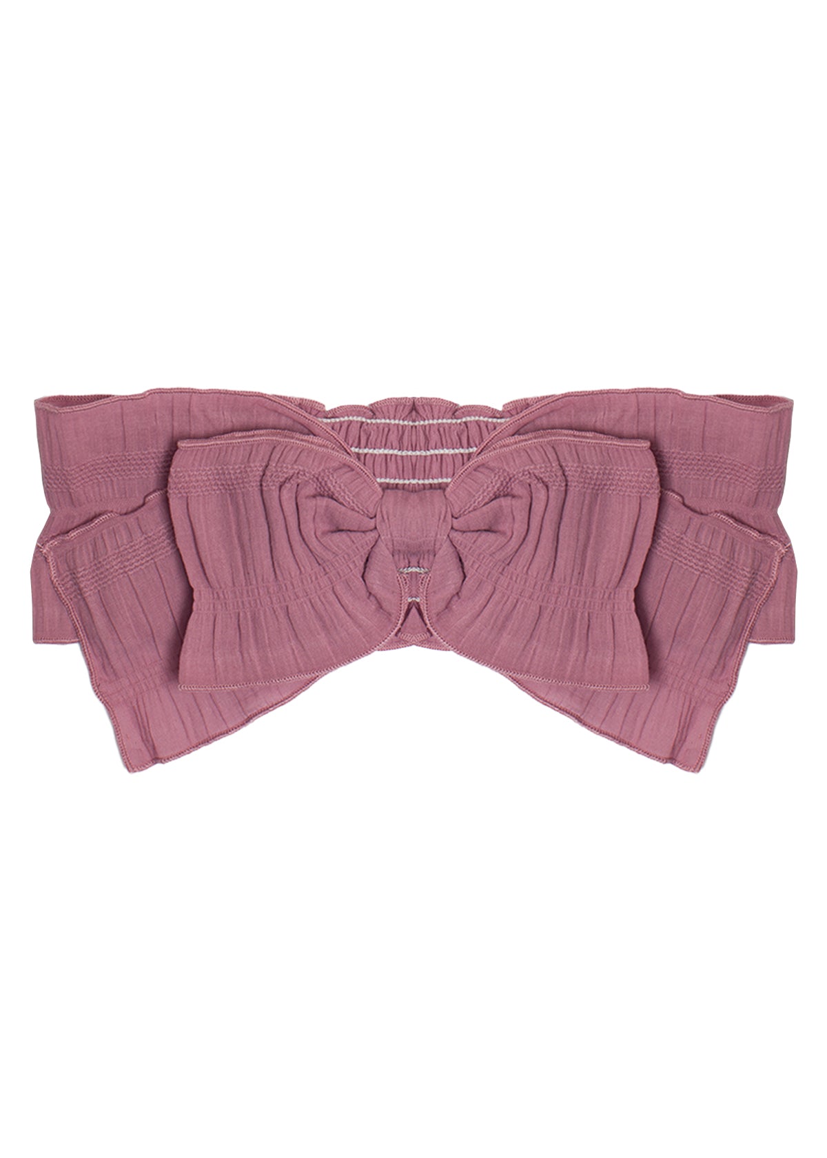 Pair the Mabel and Honey Berry Beautiful Headband with a mauve ribbed cotton bandeau top featuring a central bow and elastic ruching at the back for a coordinated look.