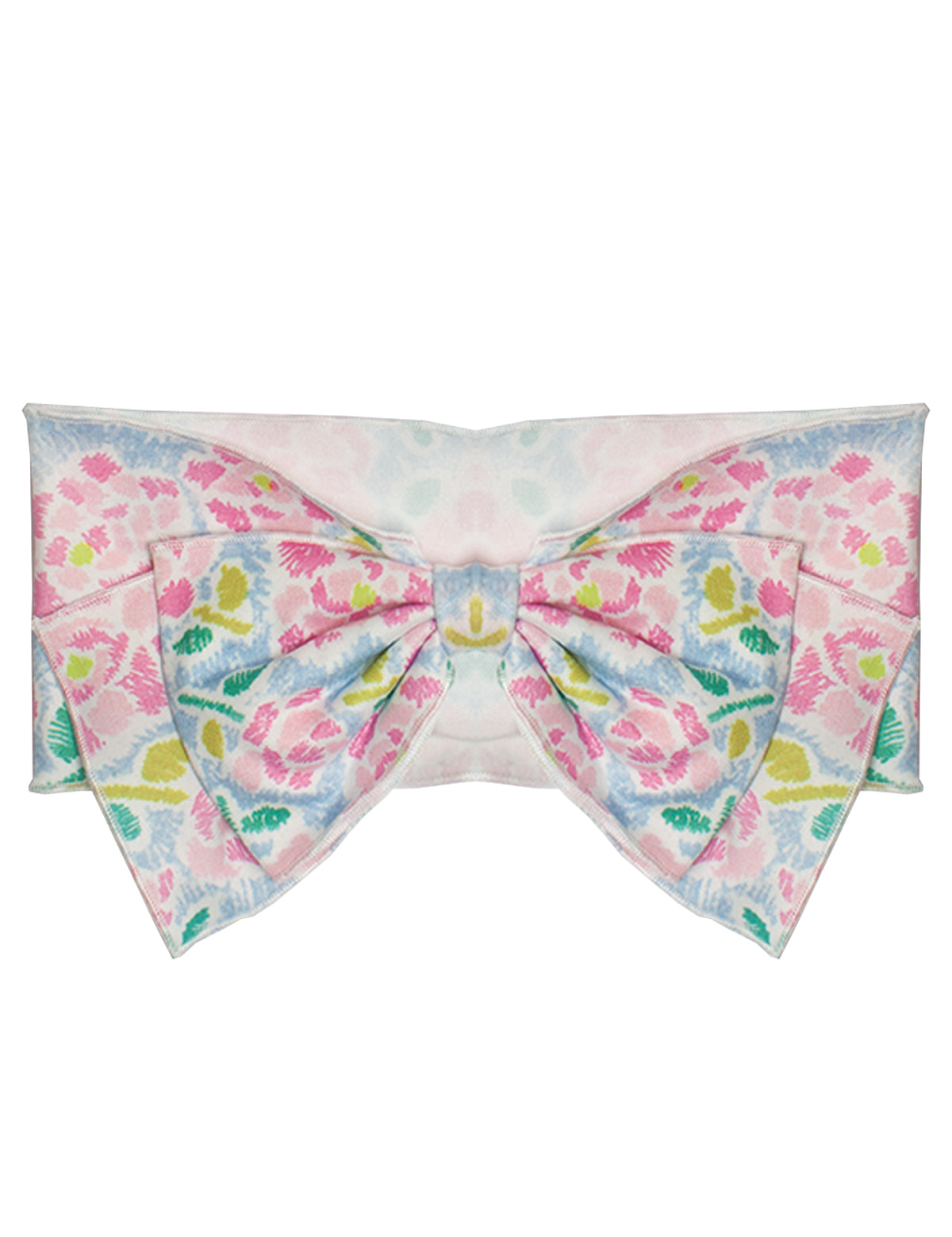 The Mabel and Honey Pink Scribble Headband features a pink and blue cotton bow with floral patterns and green accents, making it a perfect baby hair accessory. Shown against a plain white background.
