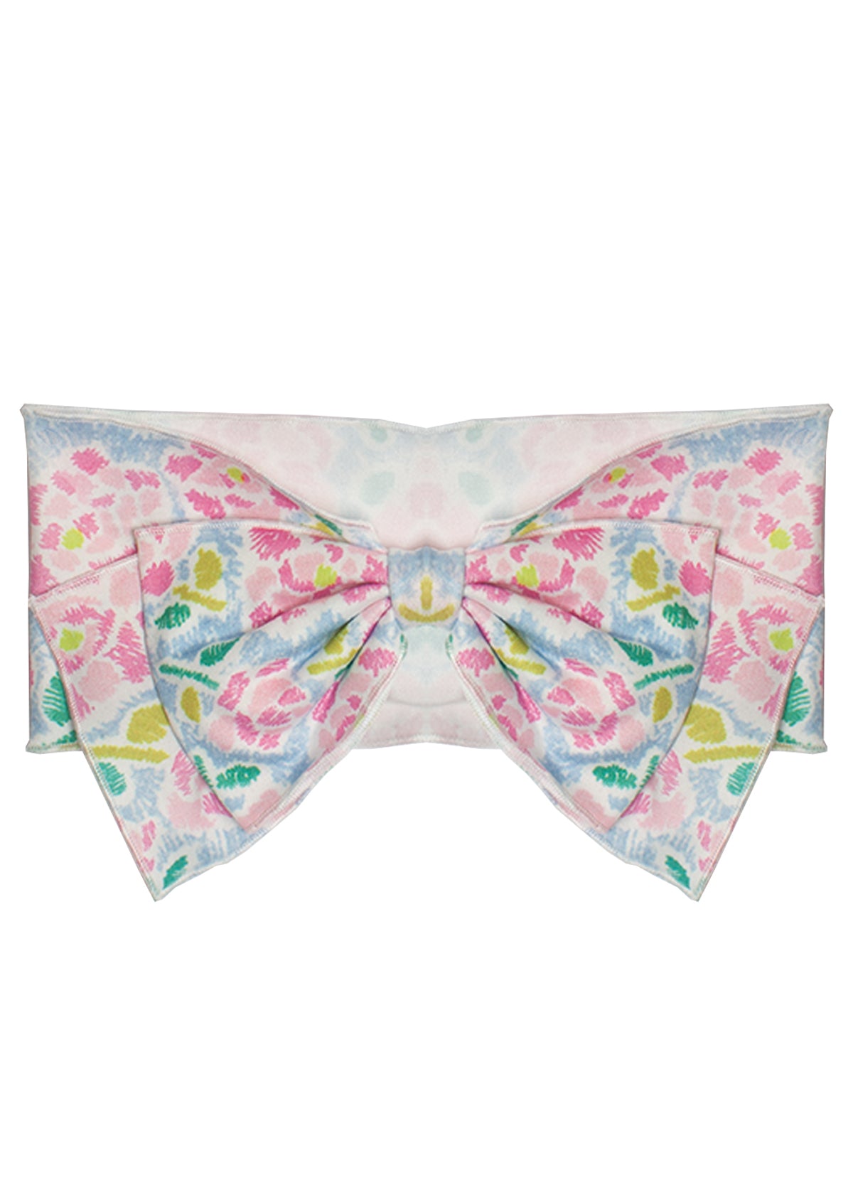 The Mabel and Honey Pink Scribble Headband features a pink and blue cotton bow with floral patterns and green accents, making it a perfect baby hair accessory. Shown against a plain white background.