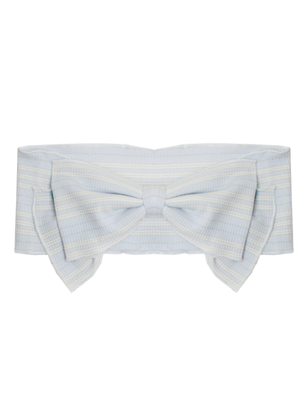 The Payton Headband by Mabel and Honey features light blue plaid cotton and a large decorative front bow—an adorable accessory that's perfect for baby outfits or as a cute hairpiece.