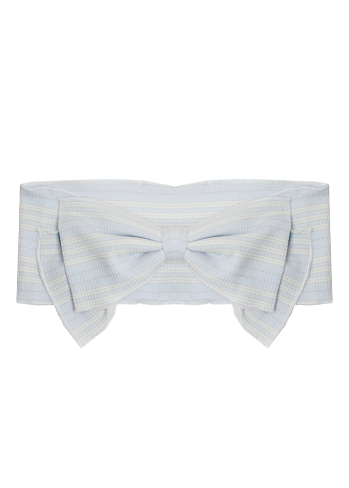 The Payton Headband by Mabel and Honey features light blue plaid cotton and a large decorative front bow—an adorable accessory that's perfect for baby outfits or as a cute hairpiece.