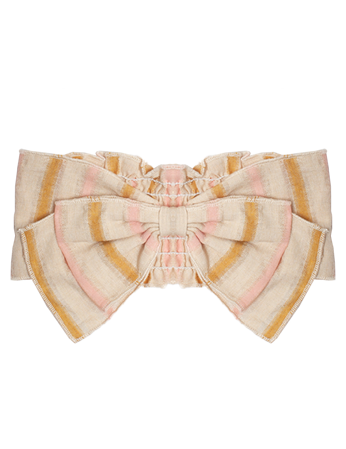 The Madeline Headband by Mabel and Honey is a large cotton bow with beige, pink, and yellow stripes in a symmetrical, slightly ruffled design—perfect for your baby’s adorable style.