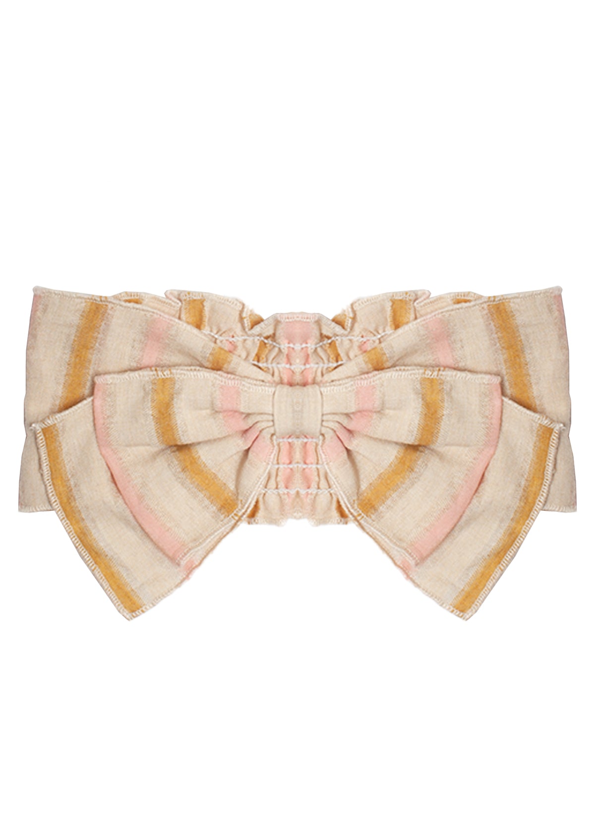 The Madeline Headband by Mabel and Honey is a large cotton bow with beige, pink, and yellow stripes in a symmetrical, slightly ruffled design—perfect for your baby’s adorable style.