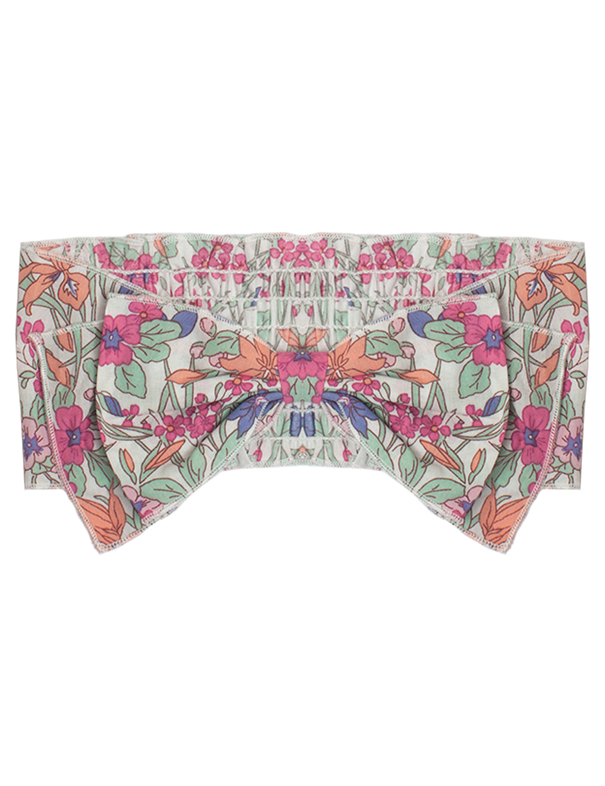 The Ophilia Headband by Mabel and Honey is a cotton hair accessory with a large bow and floral print in pastel pink, orange, purple, and green on white—perfect for your baby.