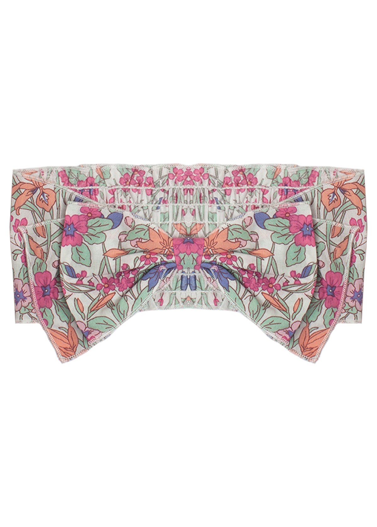 The Ophilia Headband by Mabel and Honey is a cotton hair accessory with a large bow and floral print in pastel pink, orange, purple, and green on white—perfect for your baby.