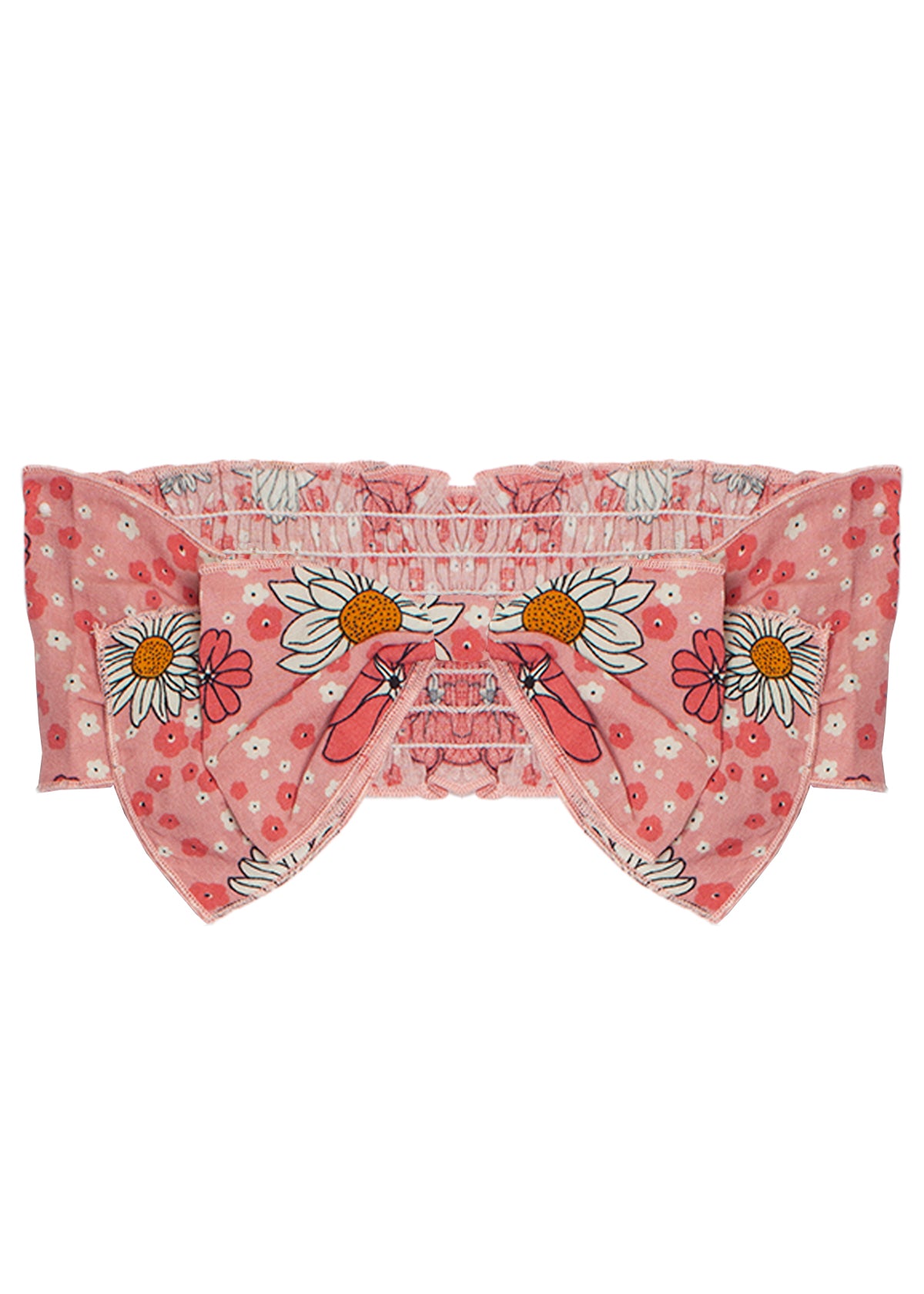 The Pink Power Hair Clip by Mabel and Honey is a pink, floral cotton accessory with white daisies, yellow centers, a ruffled edge, and a bow shape—ideal as a cute baby hair accessory.