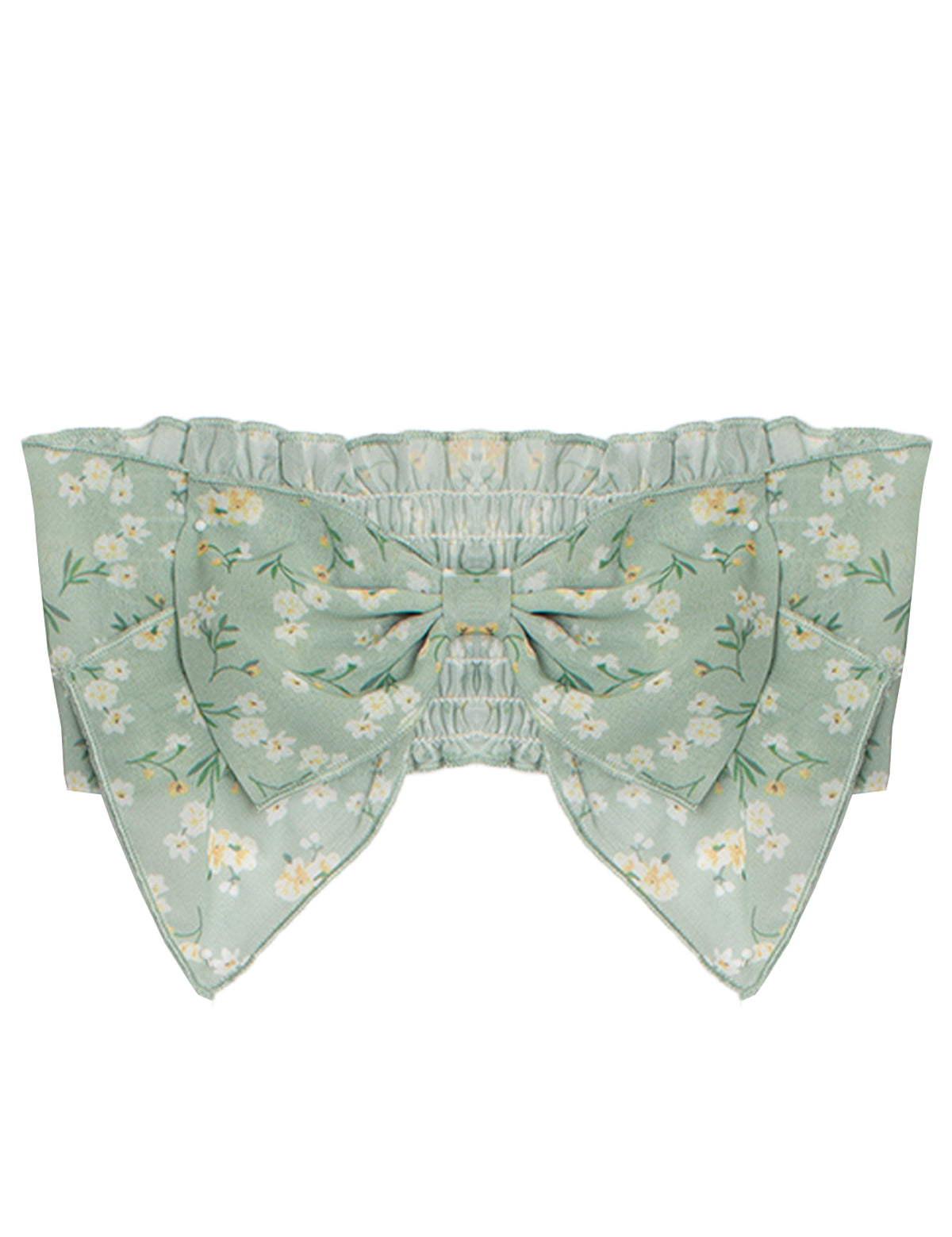 The Garden Party Green Headband by Mabel and Honey features a mint green cotton band with a large bow, adorned with white and yellow floral patterns, scalloped edges, and is perfect for babies or as a charming hair accessory.