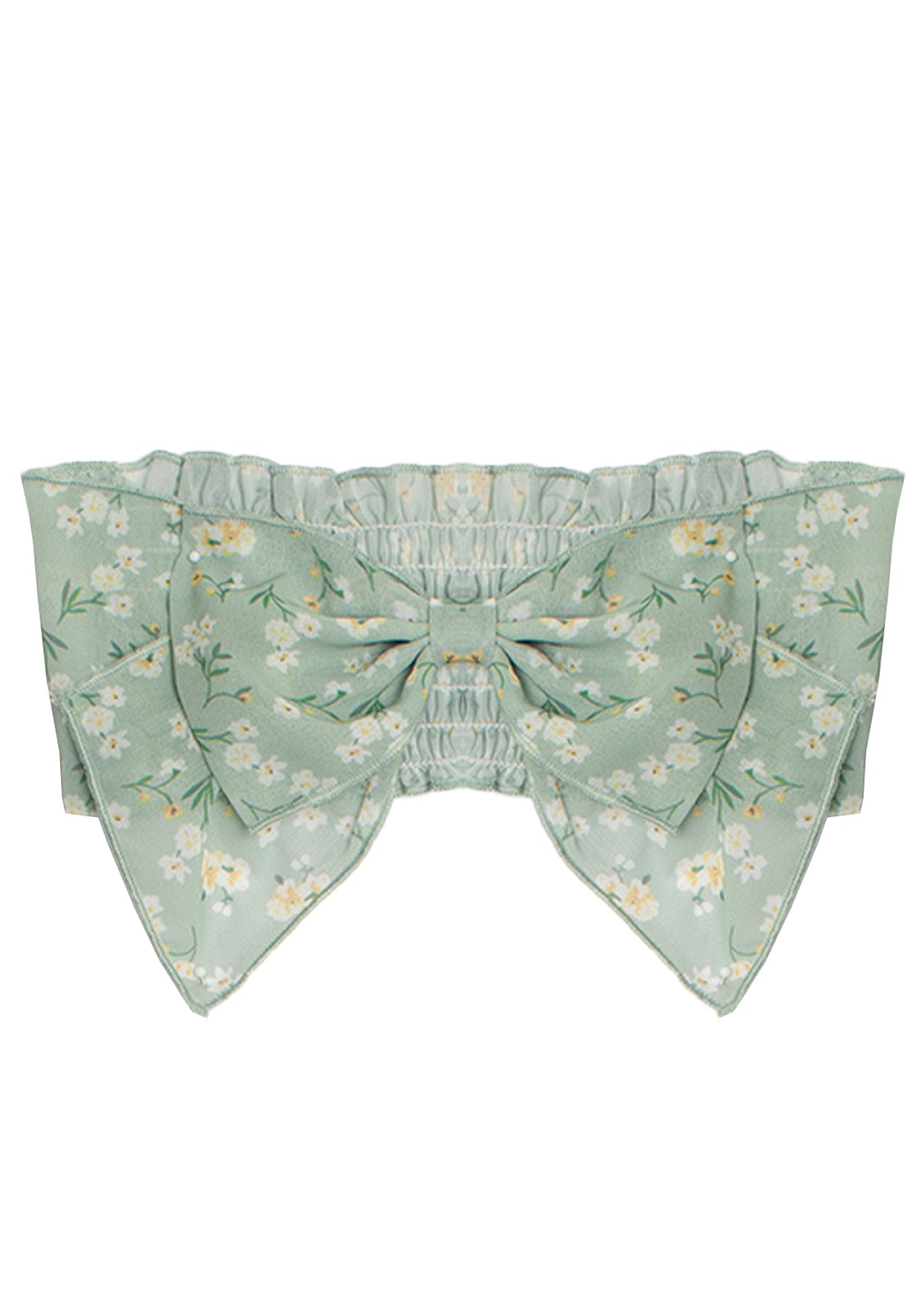 The Garden Party Green Headband by Mabel and Honey features a mint green cotton band with a large bow, adorned with white and yellow floral patterns, scalloped edges, and is perfect for babies or as a charming hair accessory.