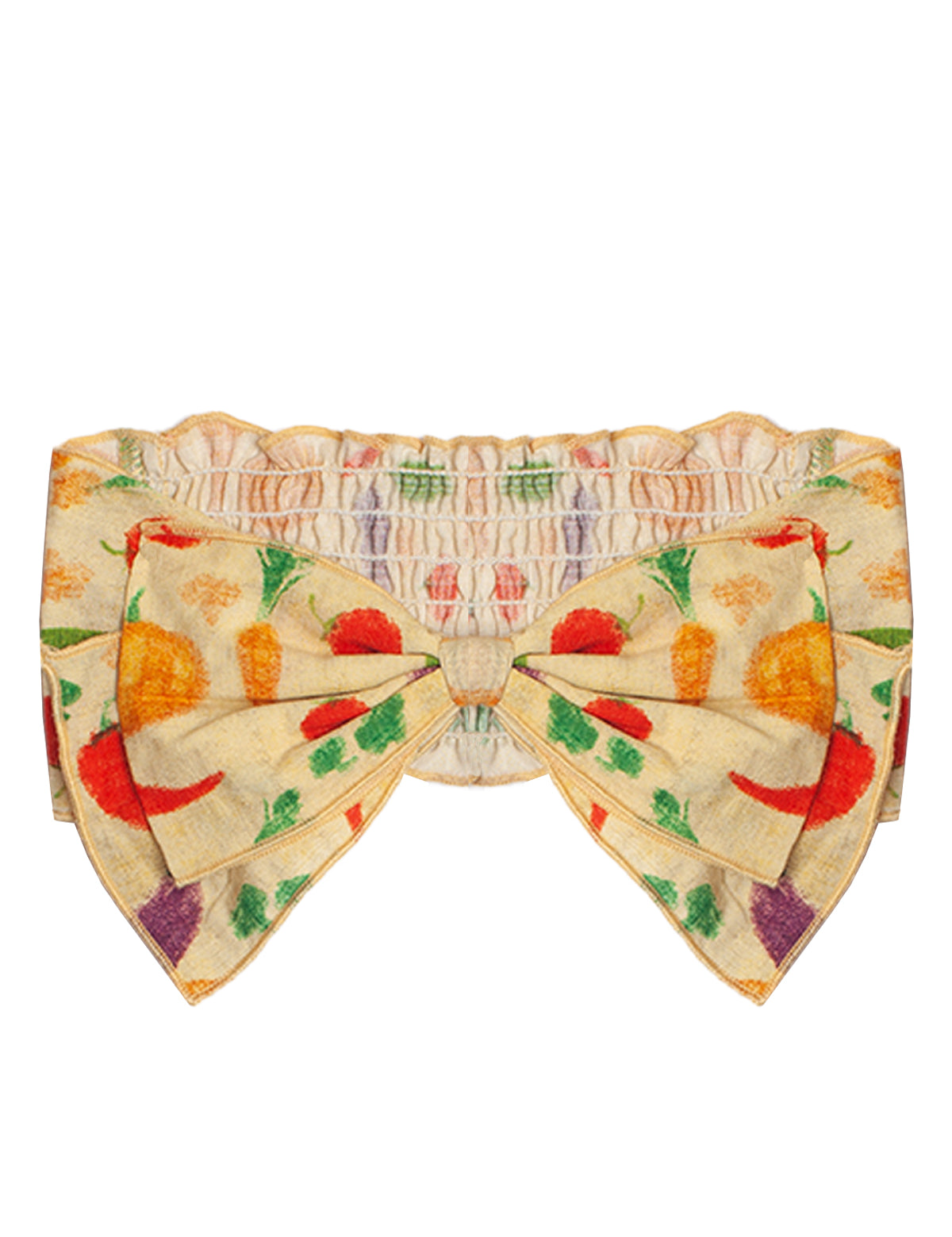 The Garden Party Headband by Mabel and Honey is a cotton bow headband with an elastic band, showcasing a vibrant veggie print of carrots, beets, and greens on beige—a cute and playful hair accessory for babies.