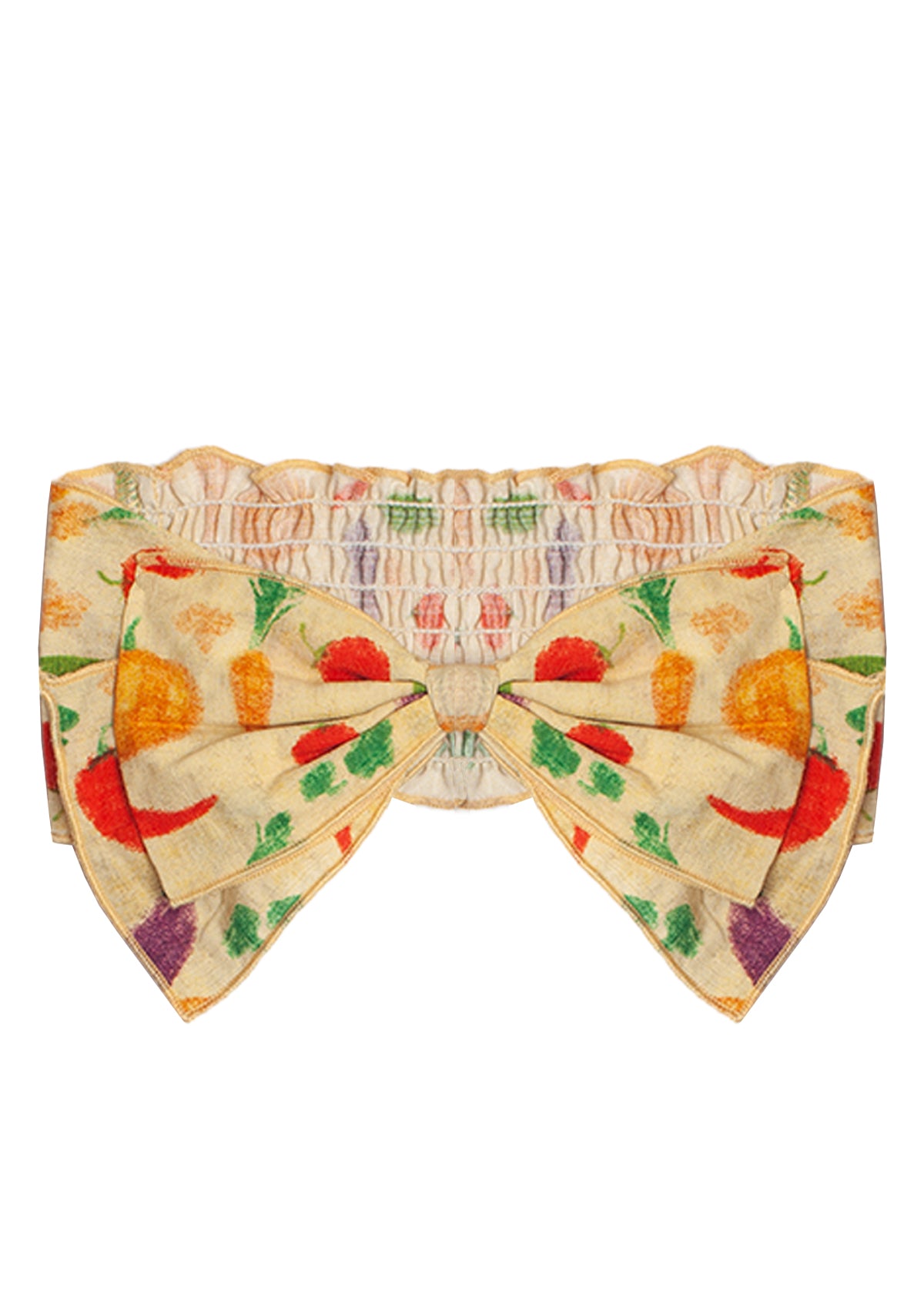 The Garden Party Headband by Mabel and Honey is a cotton bow headband with an elastic band, showcasing a vibrant veggie print of carrots, beets, and greens on beige—a cute and playful hair accessory for babies.