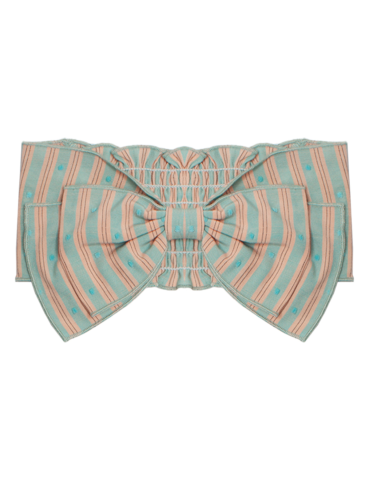 The Cotton Candy Dream Headband by Mabel and Honey features a pastel green and pink striped cotton bow with blue dots, wide loops, and a gathered center—perfect for babies as a hair accessory or as an accent on belts or sashes.
