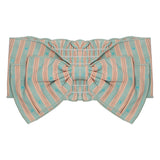 The Cotton Candy Dream Headband by Mabel and Honey features a pastel green and pink striped cotton bow with blue dots, wide loops, and a gathered center—perfect for babies as a hair accessory or as an accent on belts or sashes.